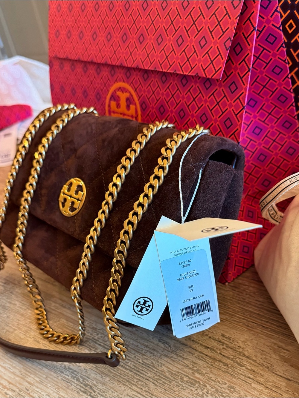 Tory Burch Dark Brown Quilted Suede Chain Shoulder Bag with Gold Hardware NWT - Picture 4 of 8